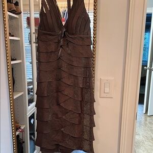 Cache Brown V-Neck Tiered Ruffle Dress